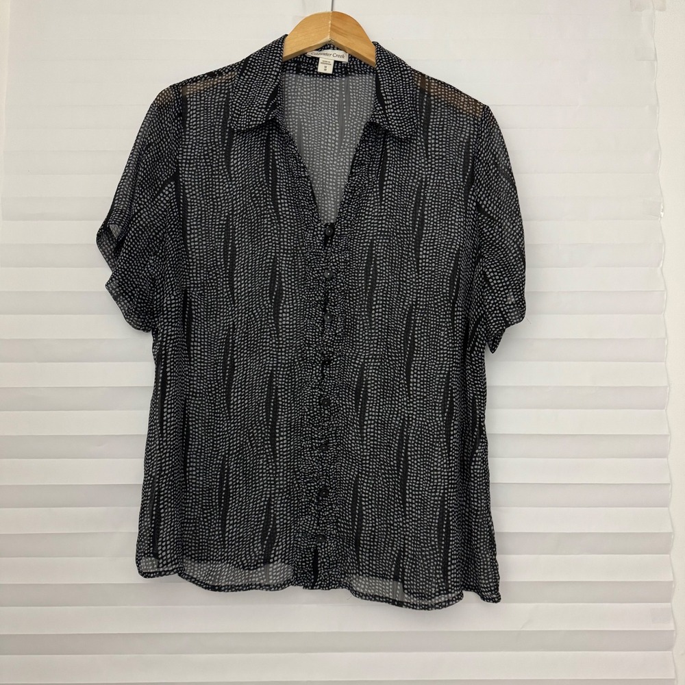 Coldwater Creek Women 1X 18 Black White Abstract Dot Ruffle Button Front Blouse